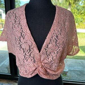 Zara Top Pink Floral Lace Polka Dot Short Sleeve Front Knit Cropped Size Small